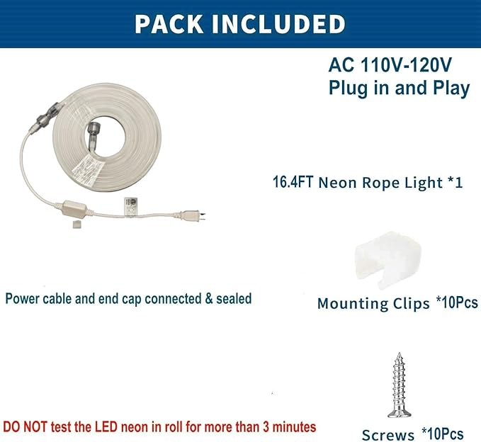 FORT AC110V 120V LED Neon Rope Lights Connectable, 16.4FT Flexible Neon LED Strip Light Cool White Outdoor Waterproof, ETL Plug-n-Play Neon String Lighting 120LED/M for Home Commercial ETL FCC