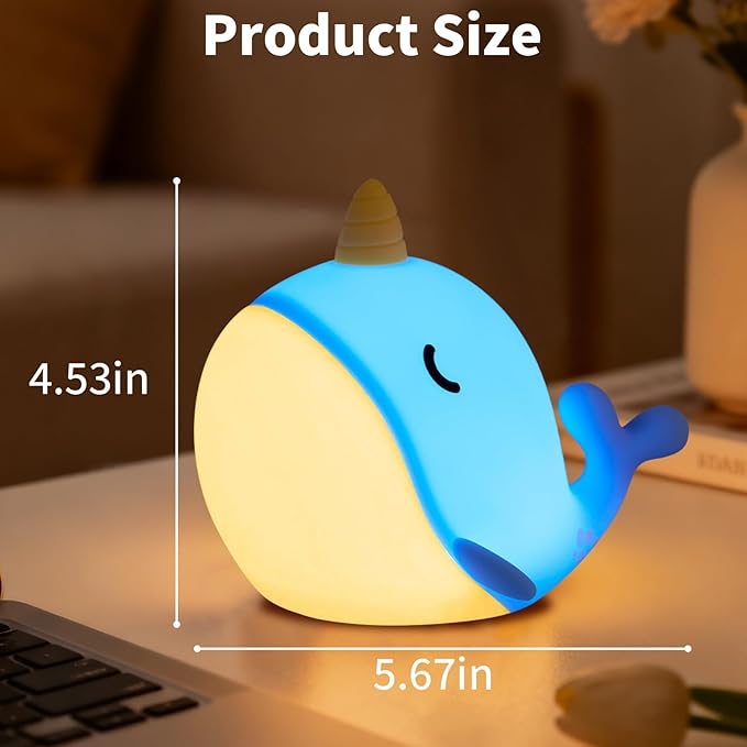 Cute Narwhal Night Light, Tap Control with 3 Warm White Brightness, USB Kids Bed Lamp with 30-Minute Timer, Soft Silicone Glow for Nursery, Birthday Gift(Blue Narwhal)