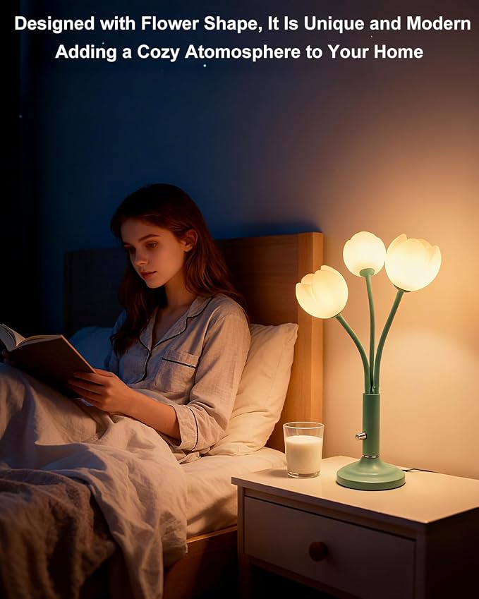 Green Flower Table Lamp Dimmable G9 Bulbs Included Gift for Nursery | Nightstand Cute Desk Lamp with Flexible Gooseneck Arms Warmwhite Ambient Bedside Lamps for Living Room Bedroom Home Decor