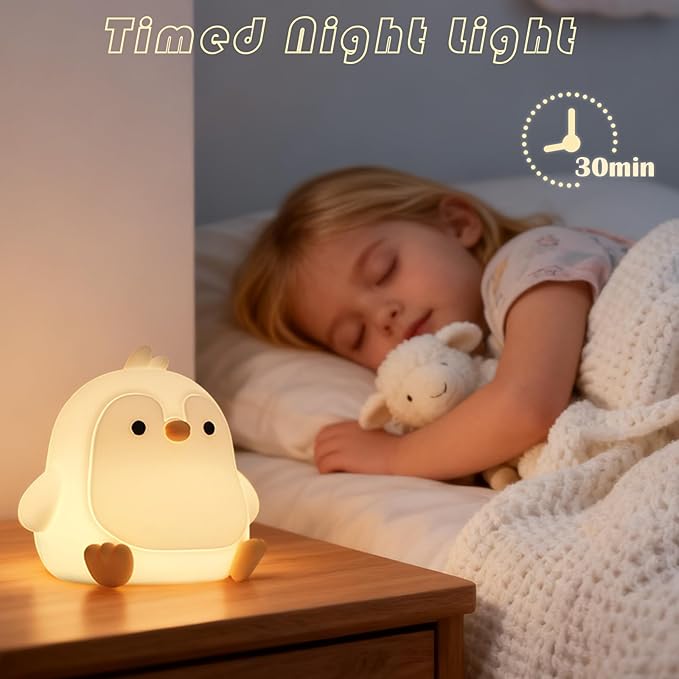Night Light for Kids, Cute Penguin Silicone Night Light with 7 Colors, Bedside Lamp with Timer, Touch Control Dimmable Lamp, LED Rechargeable Lamp for Toddler Boys Girls Room Christmas Decor (Penguin)
