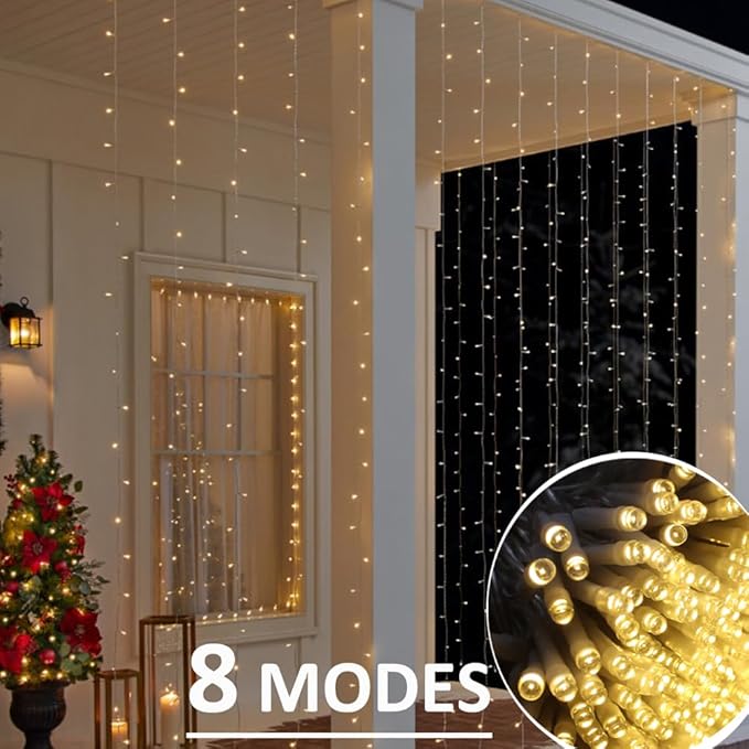 Solhice LED Curtain Lights Outdoor 12ft x10ft, 360 LED Plug in Hanging String Lights Indoor Bedroom, Twinkle Light Backdrop for Outside Wedding Decor, Warm White (Not Connectable)