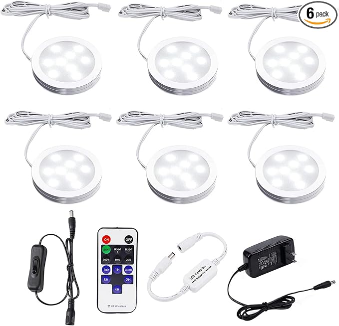 AIBOO LED Under Cabinet Lighting Dimmable with RF Remote Control, 6 LED Puck Lights, Total of 12W, for Kitchen Count Closet Wardrobe Lighting(Daylight White)