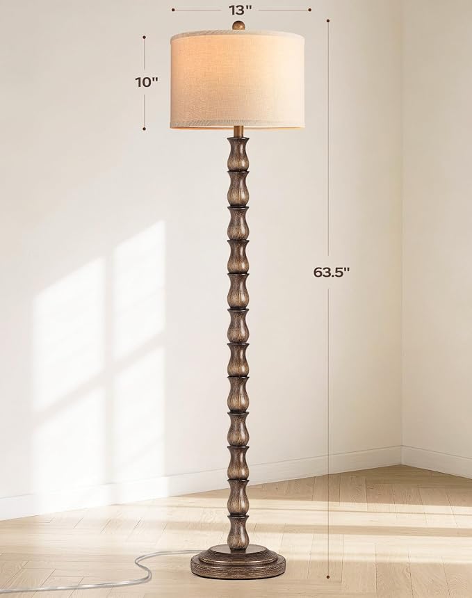 63.5" Rustic Floor Lamp for Living Room, Farmhouse Floor Lamp with Rotary Switch & Linen Shade, Vintage Resin Tall Standing Lamp for Bedroom Corner Office Home Decor, Dark Brown (LED Bulb Included)