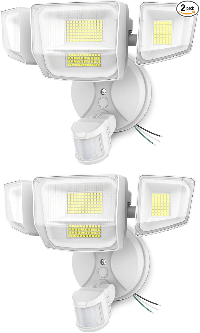 Onforu Outdoor Motion Sensor Light, Dusk to Dawn Outside Lighting, White | Hardwired 4-head 10000LM LED security floodlight, IP66 waterproof, movement detection, garage yard backyard driveway, 2 pack