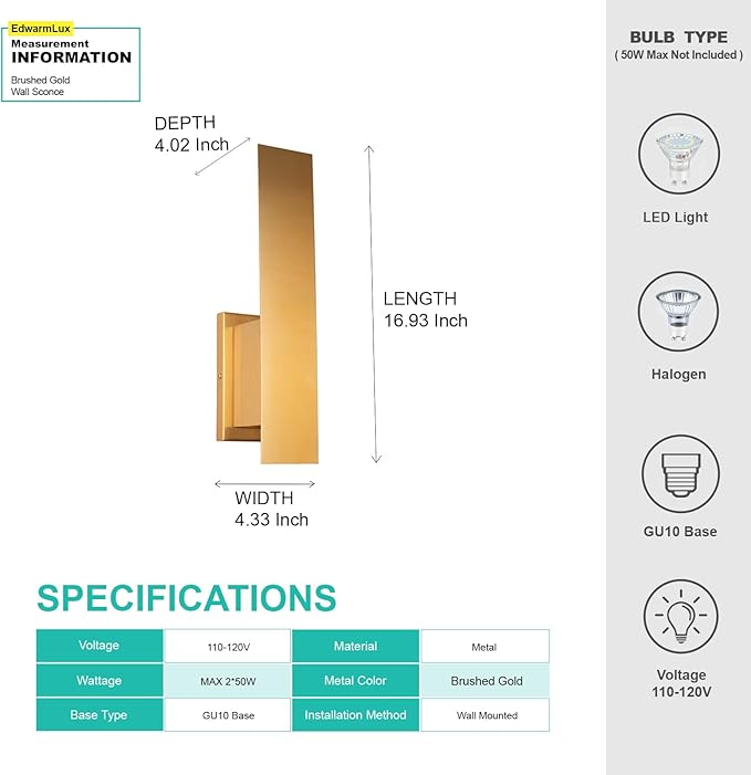 Indoor Wall Sconces, Modern Wall Lights, Up and Down Wall Mount Light, Dimmable Hardwired Wall Light for Bedroom, Living Room, Hallway, GU10 Bulbs Excluded, 2 Pack (Brushed Gold)