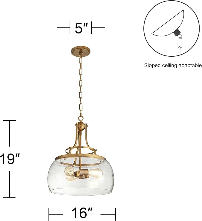 Charleston 16" Wide Warm Gold 3-Light LED Luxe Pendant Light Light Fixture | Brass Chandelier Modern Dimmable Clear Seedy Glass for Dining Room Living House Home Foyer Kitchen Island Entryway Bedroom