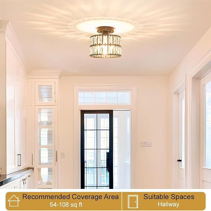 Lxybcce Crystal Ceiling Light Fixture, Modern Matte Black Crystal Chandelier, Small Semi Flush Mount Ceiling Lighting, Round Hallway Lighting for Kitchen Entryway Bedroom Bathroom, 1-Light, 9 Inch