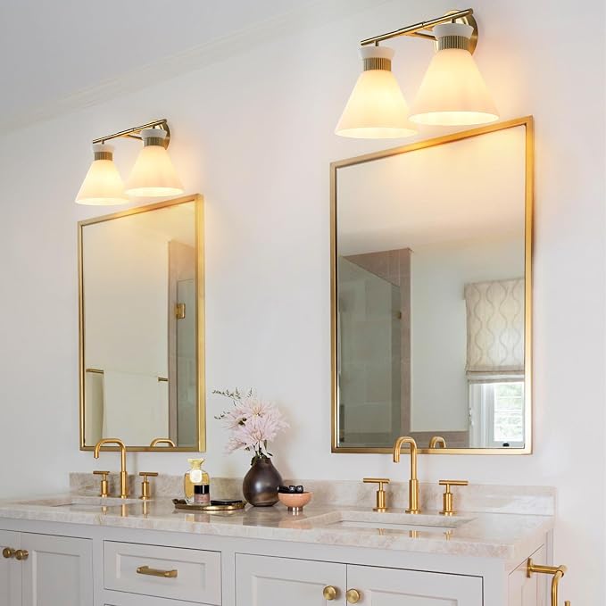 WOSHITU Gold Bathroom Light Fixtures: Modern Vanity Lighting Fixtures 2 Lights for Bathroom Mid Century Vanity Light Sconces Over Mirror with Frosted Milky Glass for Bath Bedroom Makeup