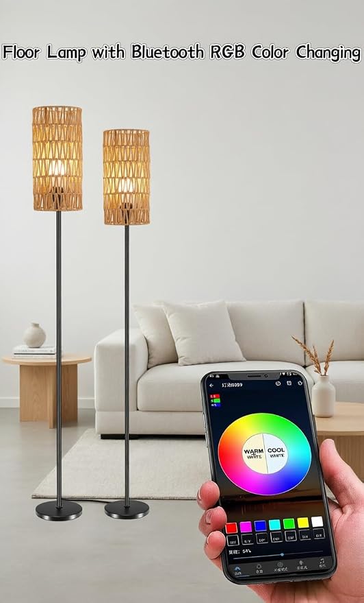 Ruiever 2 Pack Smart Floor Lamp for Living Room,Gaming - Remote, Timer Floor lamp with Remote, APP Control & RGB Standing lamp with Hand-Worked Rattan Shade Bluetooth Bulb Included