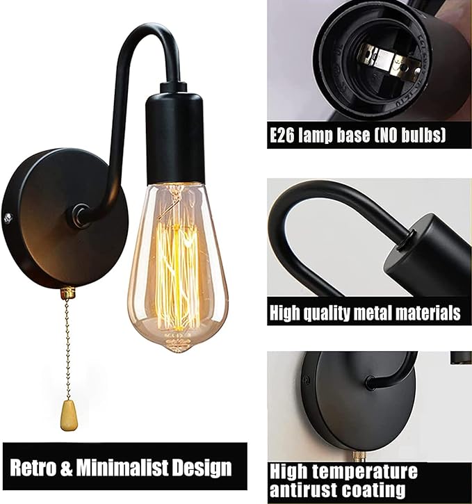 Vintage Pull Chain Wall Light Fixtures Set of 2 Hardwired Wall Sconces with ON Off Switch Retro Black Metal E26 Indoor Wall Lamps Small for Bedrooms Living Room Kitchen