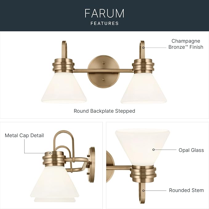 Kichler Farum 2-Light Bathroom Vanity Light, Champagne Bronze | Modern vanity light with opal glass for bathroom mirrors (19.25" x 9.5"), 55154CPZ