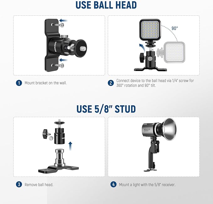 NEEWER 2 Pack T Type Wall Ceiling Mount, Ring Light Wall Mount Bracket with Detachable Ball Head, 5/8" Stud, 1/4" Screw for Flash Strobe Camera Monitor Studio Lighting, Max Load: 4.4lb/2kg, TS008