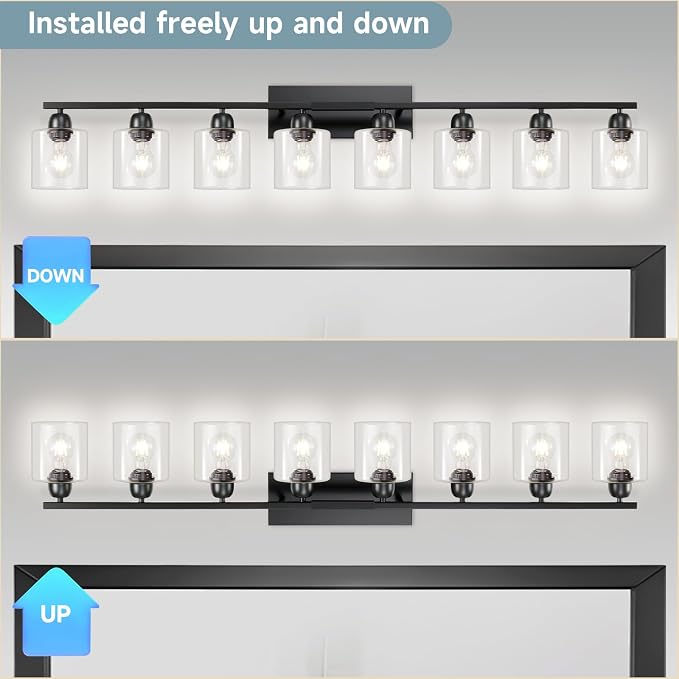 Modern 8 Light Bathroom Light Fixtures, 52 inch Vanity Lights for Bathroom with Clear Glass, Black Bathroom Light Fixture for Mirror Kitchen Living Room Hallway Cabinet Porch