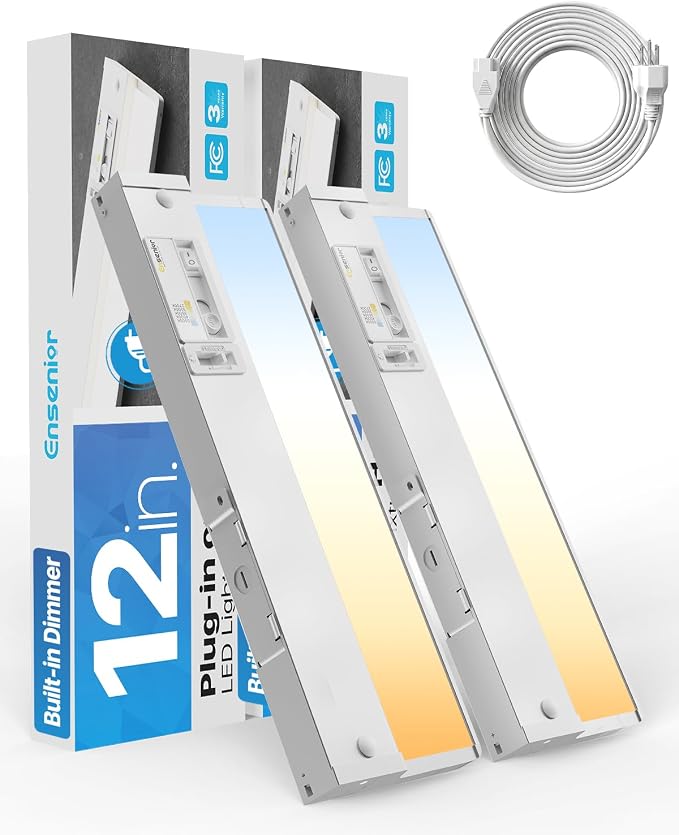 Ensenior Plug in or Hardwired Under Cabinet Lighting, 12 Inch 8W, 2 Pack | Heat-dissipating Aluminum, Built-in Switch & 4-Level Dimmer, 5 Colors, 2 Link Options, True-Color CRI90+, Moisture-Proof, FCC