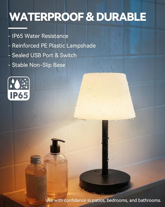 SAIWEYA Outdoor Waterproof Shower Lamp, 5200mAh Rechargeable Bathroom Lamp | IP65 Cordless Shower Light, Touch Dimming, Long-Lasting Battery, Versatile for Patio, Camping, Bathroom, Restaurant & Kitchen