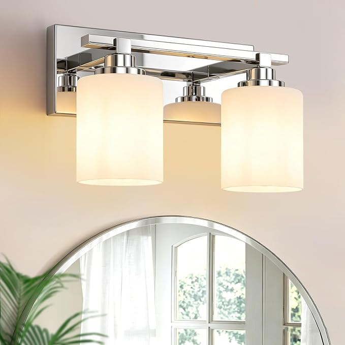Modern Bathroom Lighting Fixtures Over Mirror, Vanity Lights for Bathroom, Wall Sconces with Milky White Glass Shades, E26 Ceramic Socket, 2-Light 14-inch Chrome
