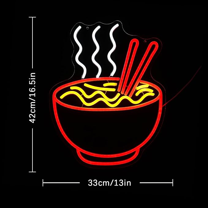 Ramen Neon Sign for Wall Decor Noodle LED Neon Lights Dimmable Food Noodle Light Up Signs LED Neon Signs for Japanese Resturant Home Bar Kitchen Room Cafe Decorction(16.5"*12.9")