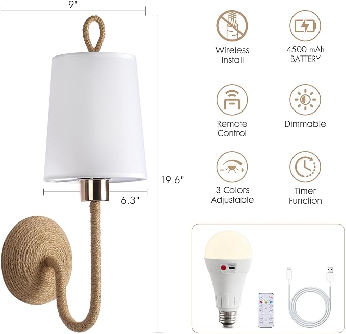 Set of 2 Boho Wall Sconce Lamps – Wireless Cordless LED Wall Lights with Remote, Rechargeable 4500mAh Battery Operated Rattan Gold Light Fixtures for Bedroom, Living Room, Bathroom, or Bedside