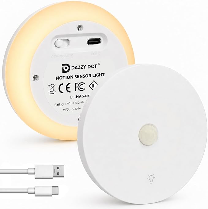 DAZZY DOT Rechargeable Night Light Motion Sensor, 2 Pack Stair Lights | 3 Color Temperature, Dimmable, Magnetic, Stick On Backlit Night Lights for Wall, Stairs, Bedroom, Bathroom, Hallway, Nursery