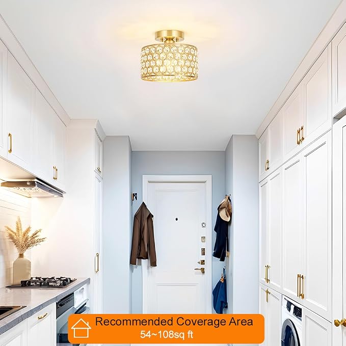 Lxybcce Gold Crystal Ceiling Light Fixture - Modern Semi Flush Mount Ceiling Chandelier Lighting for Hallway, Kitchen & Foyer | Dazzling Prism Chandelier with Easy Installation,1 Light, 9 in