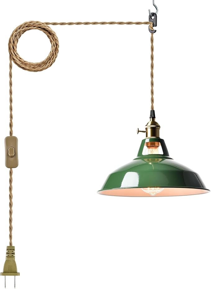 YUBOLE Modern Green Plug-in Pendant Light Macaron Kitchen Hanging Swag Lamp | 10.06"W Metal Barn Shade with On-Off Switch Plug Cord Light for Bedroom Foyer Dining Bar Loft Restaurants