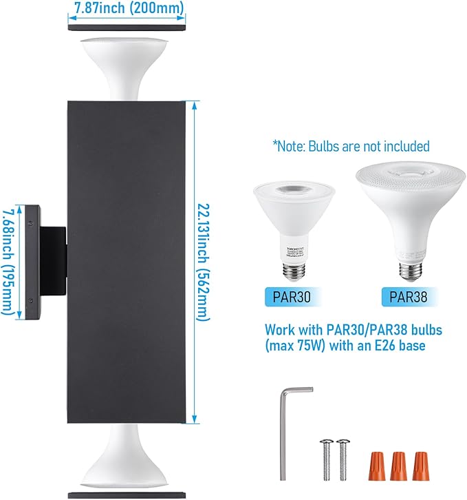 LEONLITE Modern Outdoor Rectangular Wall Lights 22", Porch Light in 2 Lights, Up Down Lights, Matte Black Waterproof Wall Sconce, Aluminum, E26 Base, Exterior Light Fixture Wall Mount, ETL, Pack of 2