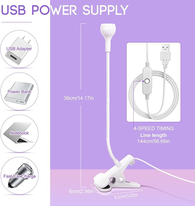 UV Nail Lamp - UV Light for Gel Nails, Flash Cure Lamp | LED Gooseneck Flash Cure Lamp for Nails, Manicure Dryer Black Light with Clamp, 365+395nm 5V 3W 4 Levels Dimming White