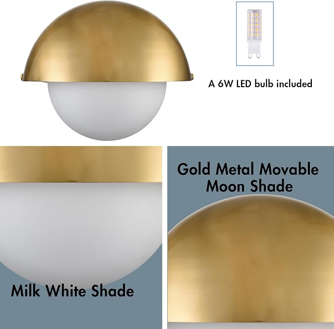 YUBOLE Mid Century Wall Sconce Gold Bathroom Vanity Light Over Mirror | Adjustable Metal Shade and Milky Glass Globe, G9 Based(Bulb Included) Indoor Wall Lamp for Bathroom Bedroom Kitchen Staircase