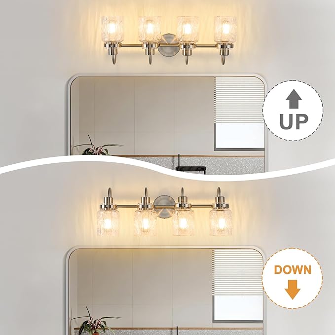 4 Lights Hammered Glass Bathroom Vanity Light,Brushed Nickel | Easy Installation,Up or Down,Farmhouse Modern Style,E26 Socket,ETL Certification