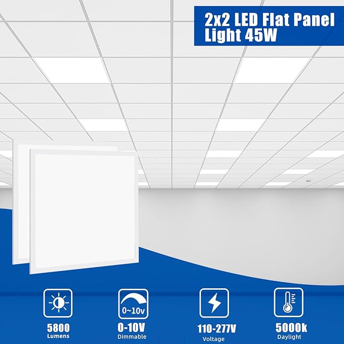 2x2 LED Flat Panel Lights for Drop Ceiling 6 Pack, 45W 5800LM Recessed Edge-Lit Light Fixture, 0-10V Dimmable 5000K Troffer Light, 110-277V Drop Ceiling Lay in for Commercial Office, ETL Listed