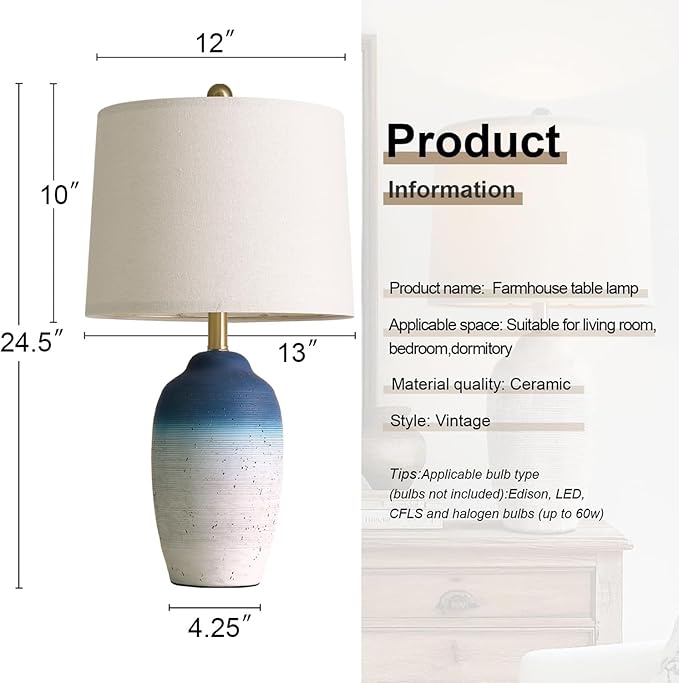 24.5" Vintage Ceramic Table Lamp with 5FT Cord - Single Farmhouse Rustic Bedside Lamp with Natural Textured Finish, Nightstand Lamps for Living Room, Bedroom, End Table, Office White and Blue
