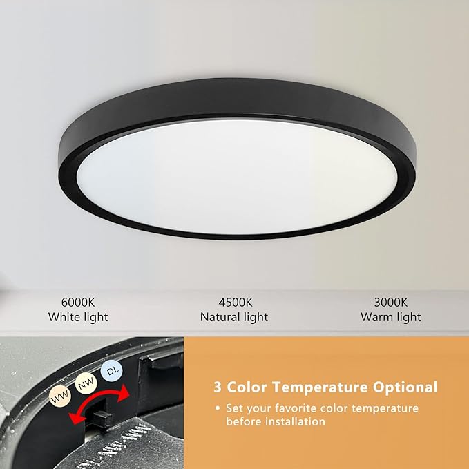 4PK 15.8 Inch Led Ceiling Light Flush Mount, 32W, 3480LM, 3000K/4000K/6000K CCT Selectable Super Slim Ceiling Light, Close to Ceiling Round Flat Panel Fixture for Hallway, Bedroom,Kitchen, Black