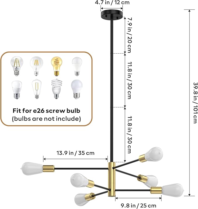 Modern Sputnik Chandeliers for Dining Room, Height Adjustable Semi Flush Black and Gold Chandelier Ceiling Mount Light Fixture 6-Light Mid Century for Living Room, Kitchen Island, Bedroom
