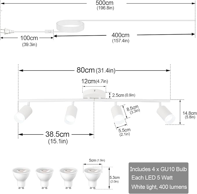 Plug in Track Lighting Kit, 80cm LED 4 Light Kitchen Track Lighting, Corded Wall Light with 16.4ft Cord, 4 Way Ceiling Spot Lighting Flexibly Rotatable Head Includes 4xGU10 Bulb (4 White-Acrylic-80cm)