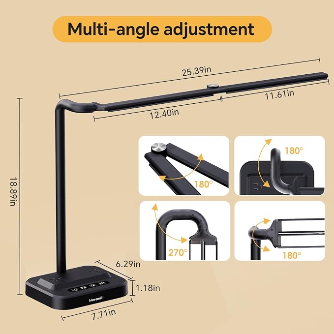 LED Desk Lamp for Home Office: Desk Light Double Head Adjustable with Power Strip 2 AC Outlets, USB-C USB-A Charging Ports Surge Protection, Foldable Table Lamp for College Dorm Room Essentials