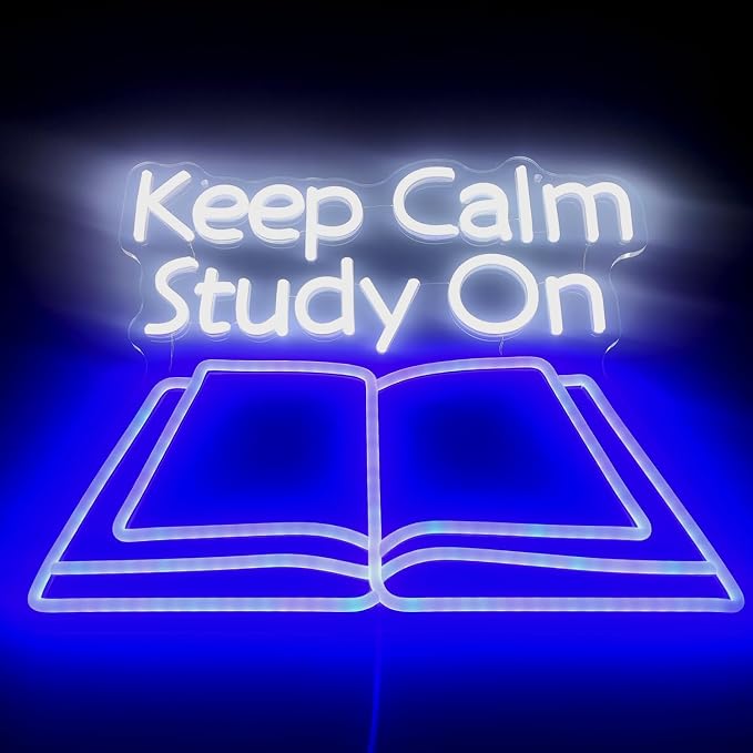 Keep Calm Study On Neon Sign LED Letter Lights Dimmable USB Powered Wall Decor for Classroom Library Reading Nook Student Room Decoration Gift (16.5x13in)