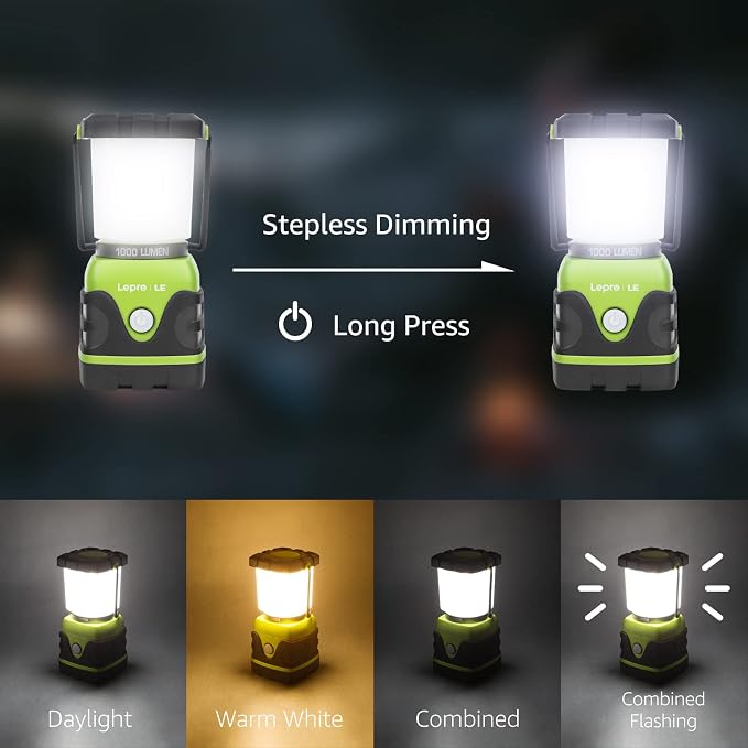 Lepro 1000LM Battery Powered LED Camping Lantern with 4 Light Modes, Green | Camping Essentials, Waterproof Lantern Flashlight for Camping, Emergency Light, Power Outages, Not Rechargeable, 2Packs