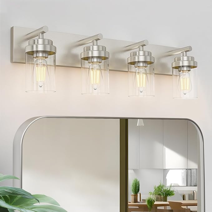 IZORRO Bathroom Vanity Light Fixture, 4-Light 30 Inch Brushed Nickel Bathroom Light Fixtures Over Mirror, with Clear Glass Shade, Modern Farmhouse Vanity Lights, Rustic Restroom Lighting Fixtures