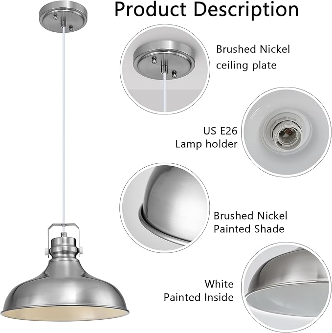 Brushed Nickel Modern Pendant Lights Kitchen Island Fixtures | ETL Certificate,Industrial Adjustable Height Vintage Dome Hanging Light Fixtures for Barn,Dining Room 1 Pack