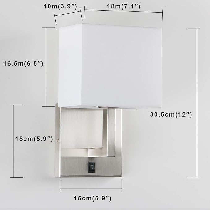 PERMO Single Fabric Wall Sconce Brushed Nickel Finished Sconces with White Textile Shades and On/Off Switch Button Modern Nightstand Lamps for Bedrooms Bedside Reading
