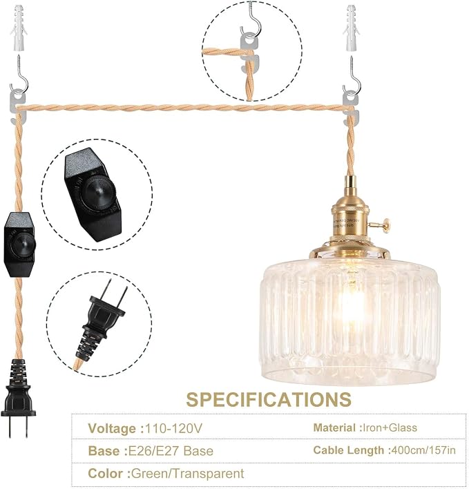 Pendant Light Fixtures,Plug in Hanging Light Fixture 6.6in Glass Pendant Light,E26 Pendant Lighting for Kitchen Island, Bedroom, Dining Room, Living Room