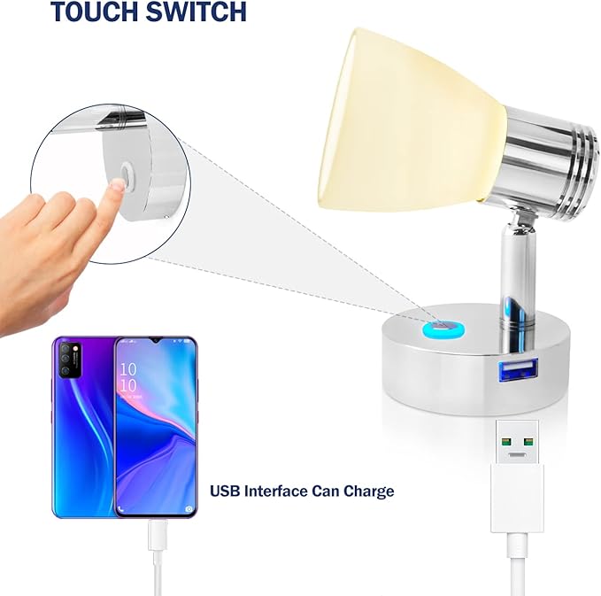 THALASSA 12V Boat Interior Reading Light USB Port, 3W DC RV Warm White, Built-in Dimmer Touch Button for Blue Decor Lights. Surface Mount on Trailer, Van, Truck, Car, Camper, Motorhome, Caravan
