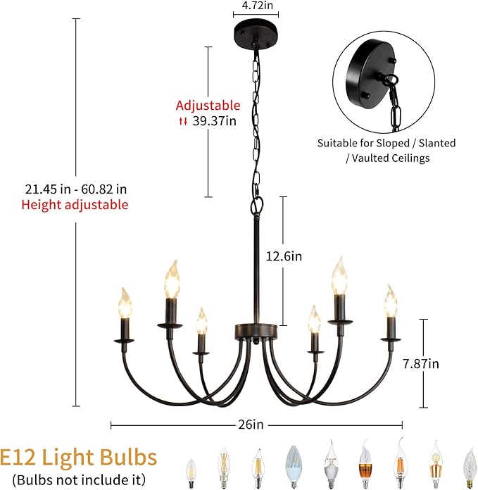 6-Light Farmhouse Chandelier, Black Chandeliers for Dining Room Lighting Fixtures Hanging, Classic Candle Ceiling Modern Chandeliers for Living Room, Foyer, Kitchen Island