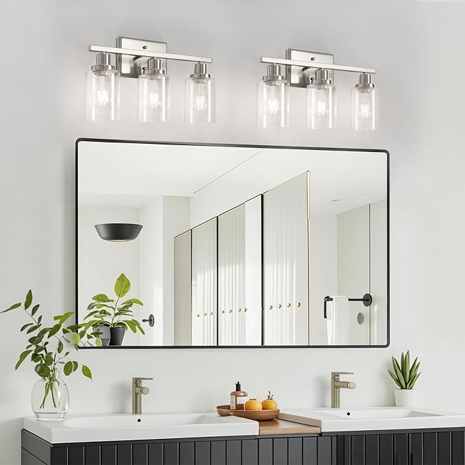 Ascher Bathroom Light Fixtures, 3 Light Vanity Light with LED Bulbs Included, Brushed Nickel Wall Sconces with Clear Glass Shades for Mirror, Kitchen, Living Room, Hallway, Cabinet