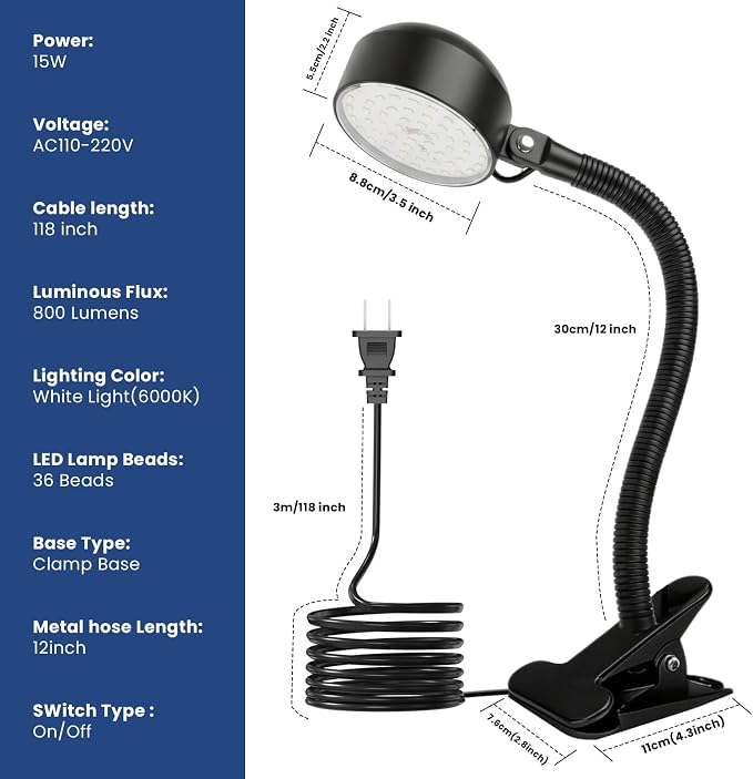 15W Clamp Light,6000k LED Work Light with Flexible&Strong Clip,LED Machine Light with Flexible Gooseneck,Shop Tool Lamp for Work Bench,lathe,Sewing Machine,Grill,Shop,Industrial Lighting
