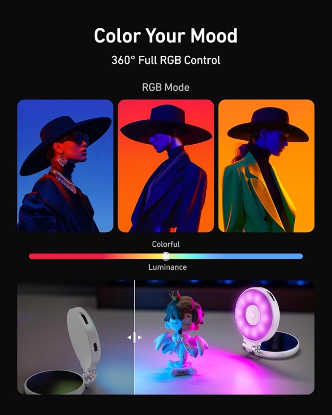 TELESIN Upgraded 4-in-1 Magnetic RGB Selfie Ring Light with Mirror & Phone Stand, Rechargeable Portable Clip On Fill Light for iPhone Samsung TikTok, Vlogging, Makeup, Photography, Streaming (White)