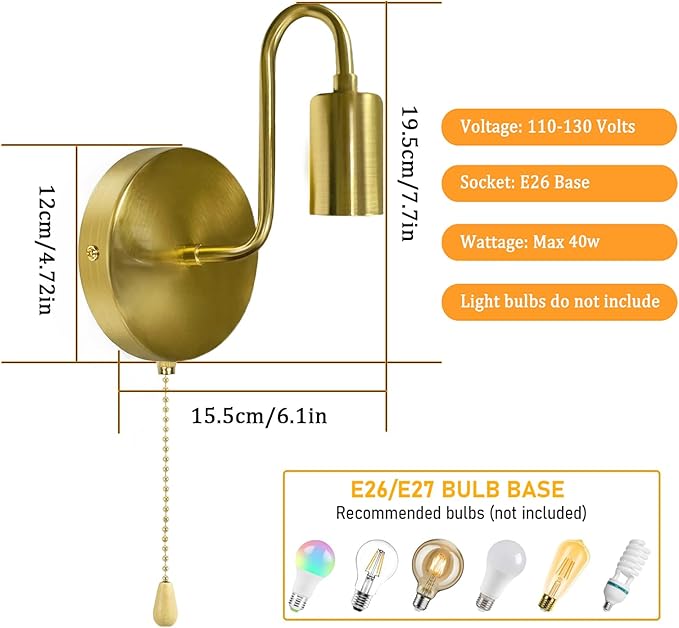 Pull Chain Wall Sconce Gold Small Vintage Wall Light Fixture with Switch Hardwired Retro Metal Sconces Lights E26 for Bedroom Hallway, No Bulb