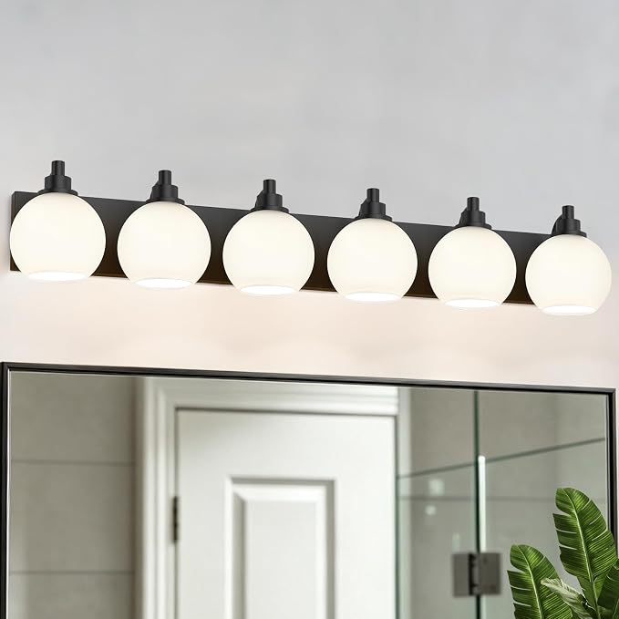 IZORRO Bathroom Light Fixtures, 6-Light Matte Black Vanity Light, Modern Wall Sconces with Globe Milk White Glass Shade, Vanity Lighting Fixtures Over Mirror,E26 Bulb Socket