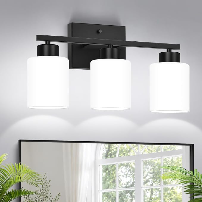 3-Light Bathroom Light Fixtures, Black Vanity Light with Milky White Frosted Glass Shades, Bathroom Wall Lamp with E26 Socket, for Mirror, Living Room, Bedroom