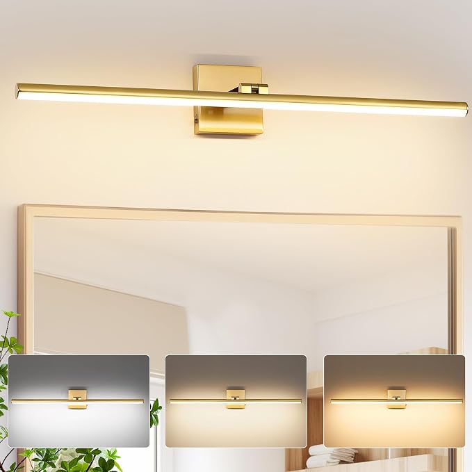 LED Bathroom Vanity Light, Modern Bathroom Light Fixture Over Mirror (3000K/4000K/6000K, Dimmable), Vanity Light Bar with Angle Adjustable, 32 Inch, Brass